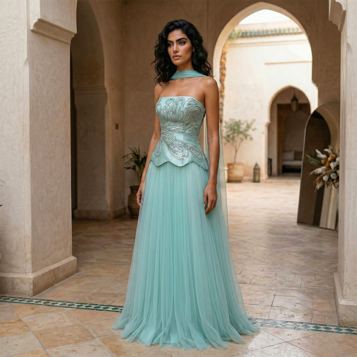 Glamorous Aqua Strapless Sequin Evening Dress with Cape and Scarf SS413