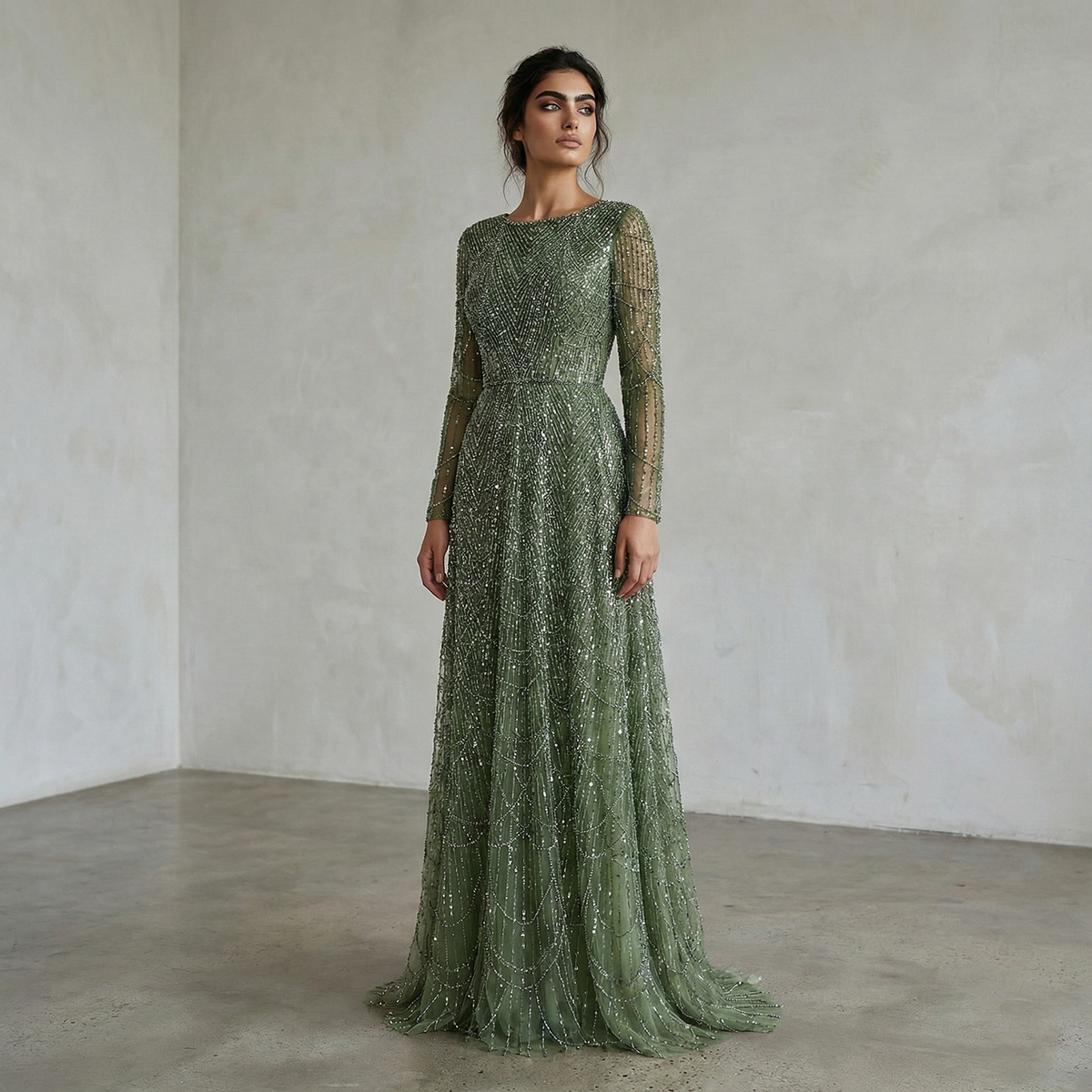 Elegant Green Sequin Beaded Shiny Long Sleeve Evening Dress SS625