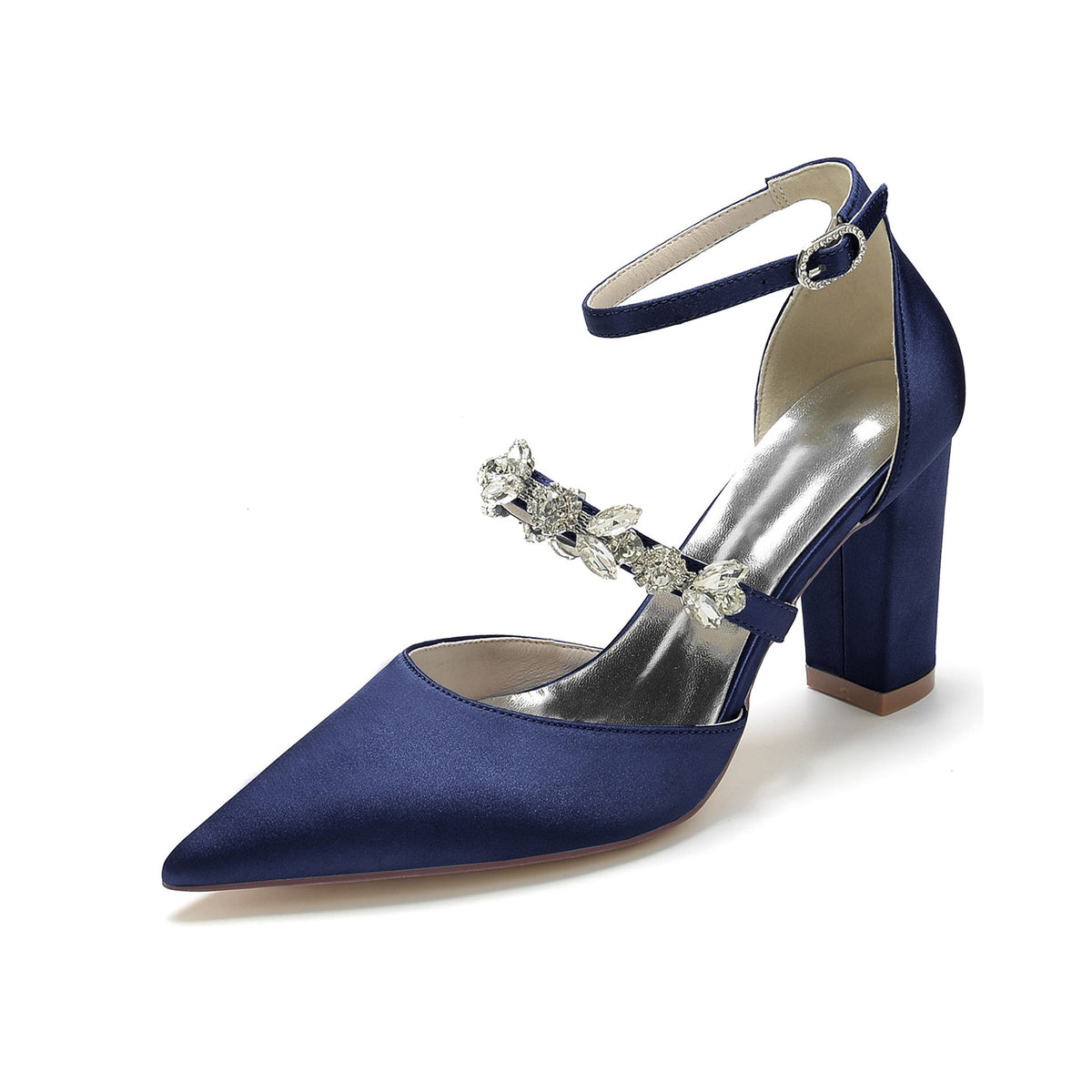 Pointed Toe Block Heel Pumps with Ankle Strap Rhinestones HH022