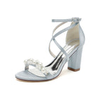 Satin Pearl Beaded Crisscross Strap Block Heel Pumps HH023