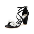 Satin Pearl Beaded Crisscross Strap Block Heel Pumps HH023