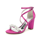 Satin Pearl Beaded Crisscross Strap Block Heel Pumps HH023