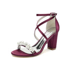 Satin Pearl Beaded Crisscross Strap Block Heel Pumps HH023