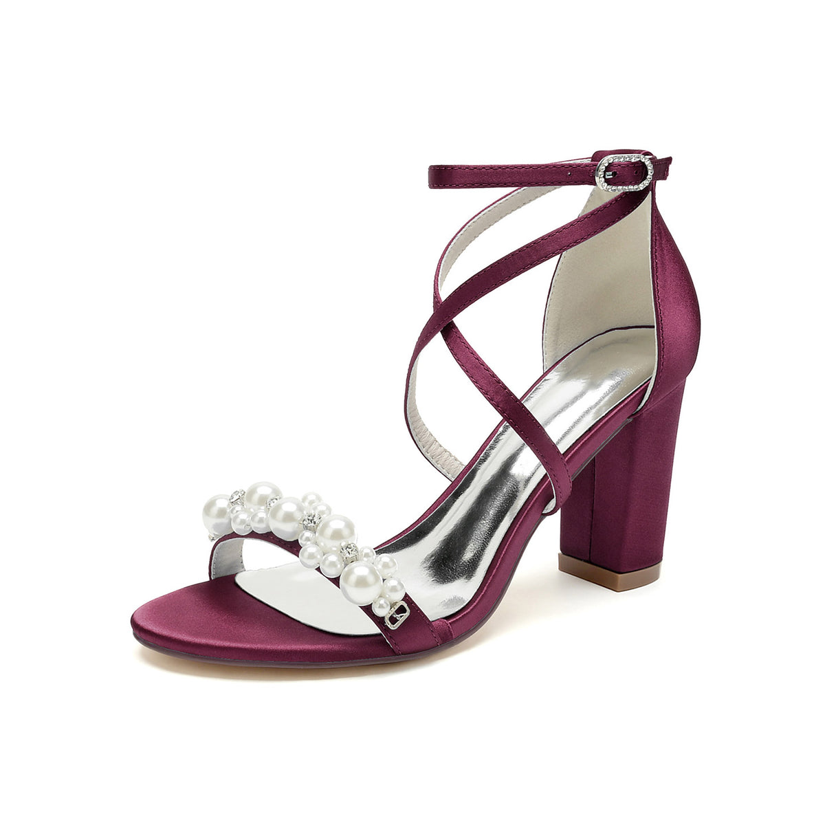 Satin Pearl Beaded Crisscross Strap Block Heel Pumps HH023