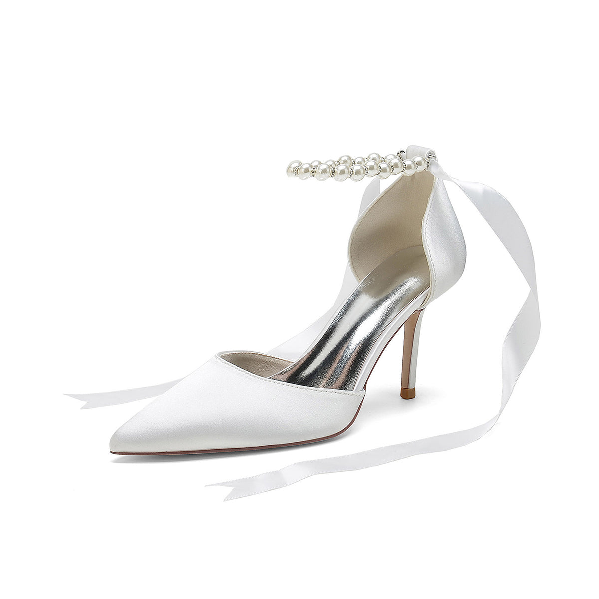 Pearl Ankle Strap Satin Stiletto Heels with Ribbon HH029