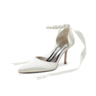 Pearl Ankle Strap Satin Stiletto Heels with Ribbon HH029