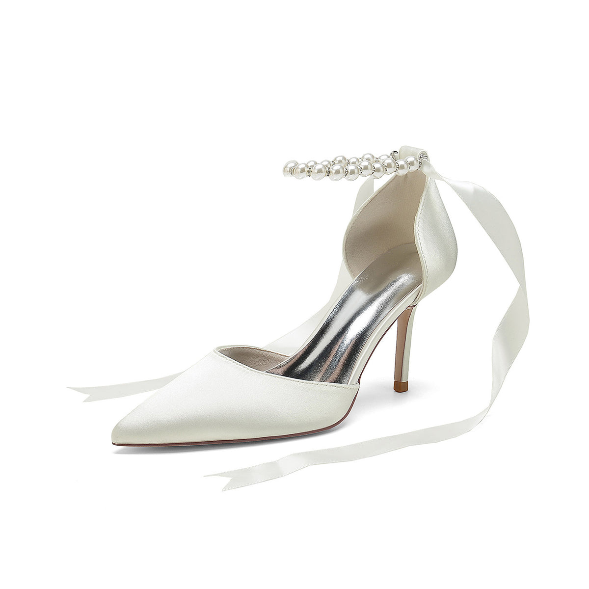 Pearl Ankle Strap Satin Stiletto Heels with Ribbon HH029