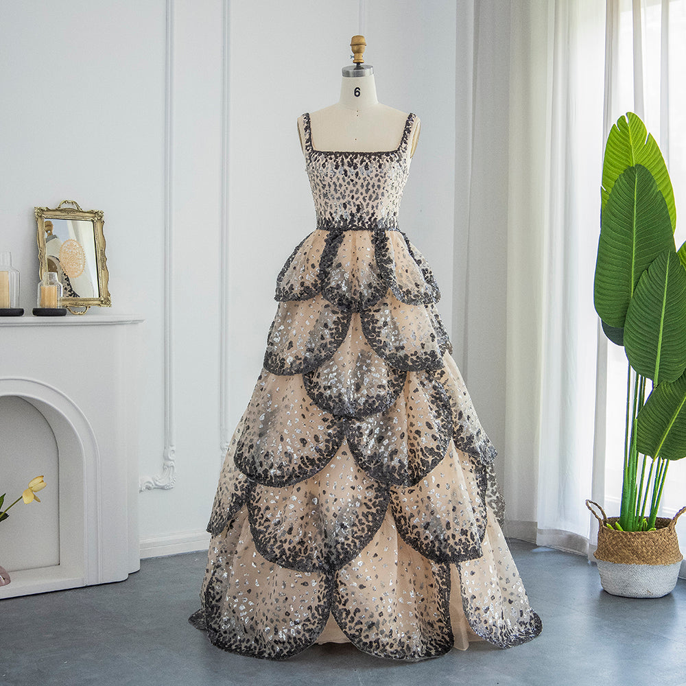 Luxury Black Champagne Sequin Tiered Ruffles Evening Dresses SS243
