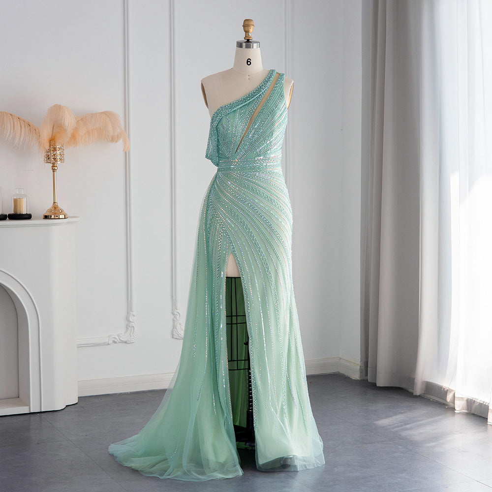 Luxury Rose Pink One Shoulder Mermaid Evening Dress with Slit SS337
