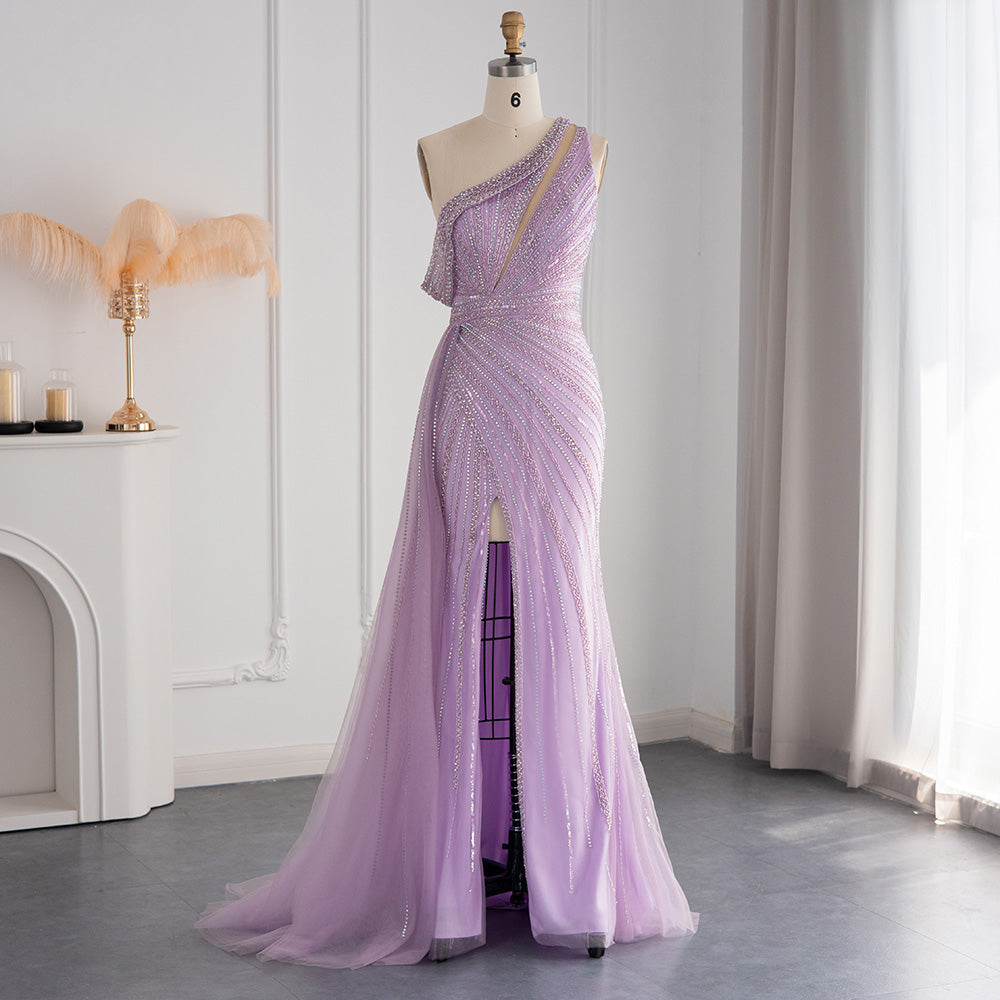 Luxury Rose Pink One Shoulder Mermaid Evening Dress with Slit SS337