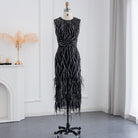 Dreamy Vow Elegant Light Blue Lace Midi Evening Dress with Feathers Beading Women Black Formal Dresses for Wedding Party 499