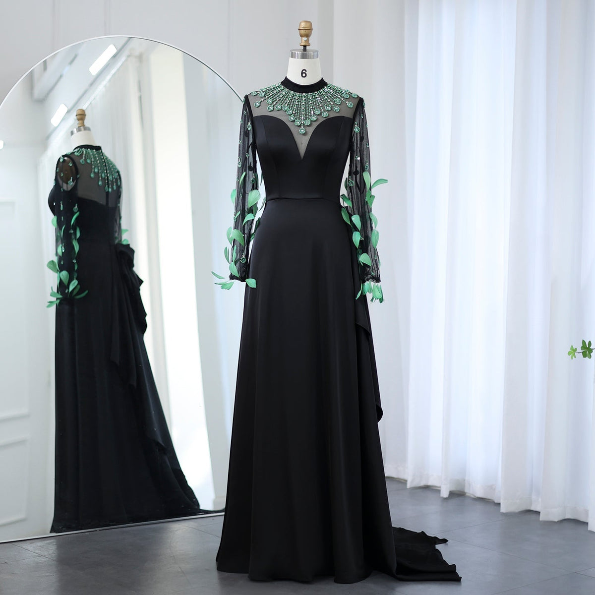 Luxury Green Feathers Black Long Sleeves Evening Dress SS457