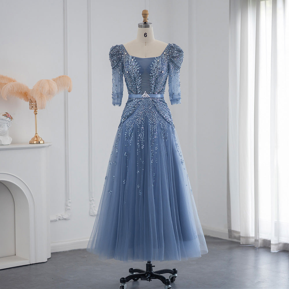 Elegant Beaded Blue Half Sleeves Ankle Length Evening Dress SS240