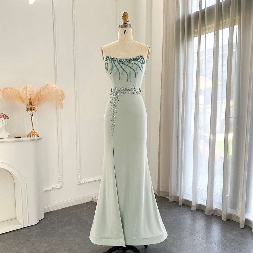 Luxury Turquoise Crystal Long Mermaid Satin Evening Dress SS331