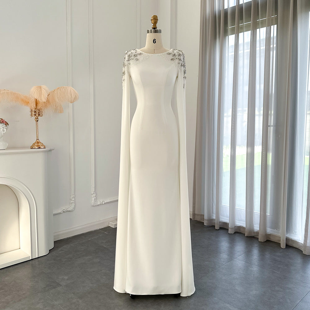 DreamyVow Elegant White Mermaid Dubai Evening Dress for Women Wedding Party Cape Sleeves Muslim Long Formal Dresses 200