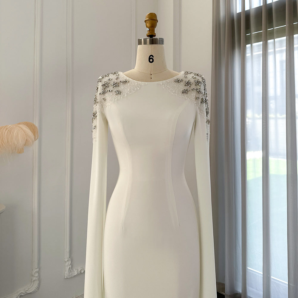 DreamyVow Elegant White Mermaid Dubai Evening Dress for Women Wedding Party Cape Sleeves Muslim Long Formal Dresses 200
