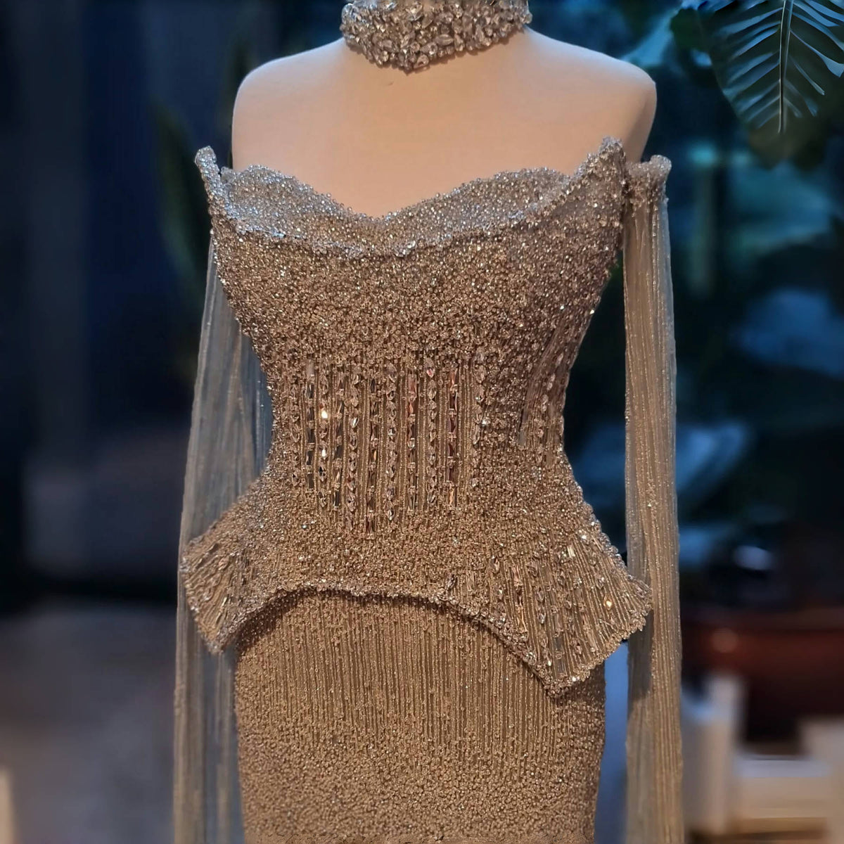 Stunning Crystal Evening Dress with Cape Sleeves SS558