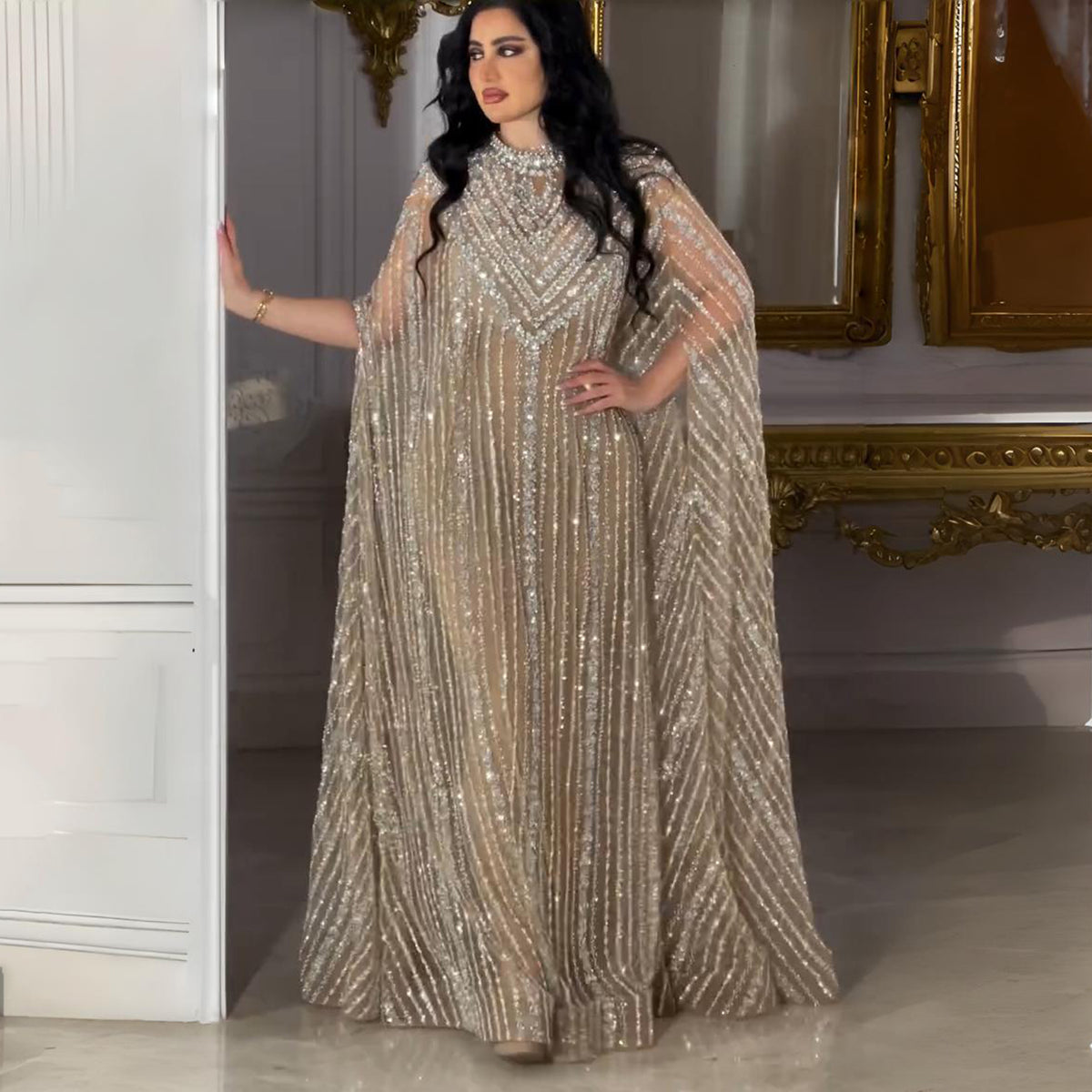Luxury Pearls Champagne Evening Dress with Cape SS691