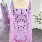 Dreamy Vow Dubai Luxury Feathers Lilac Evening Dress with Cape Sleeves Ankle Length Midi Arabic Women Wedding Party Gowns 381