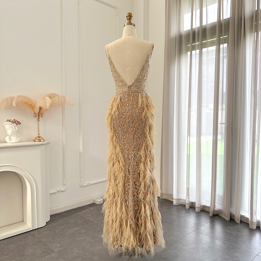 Dreamy Vow Luxury Feathers Mermaid Champagne Evening Dresses for Women Wedding 2023 Spaghetti Straps Prom Formal Gowns 374