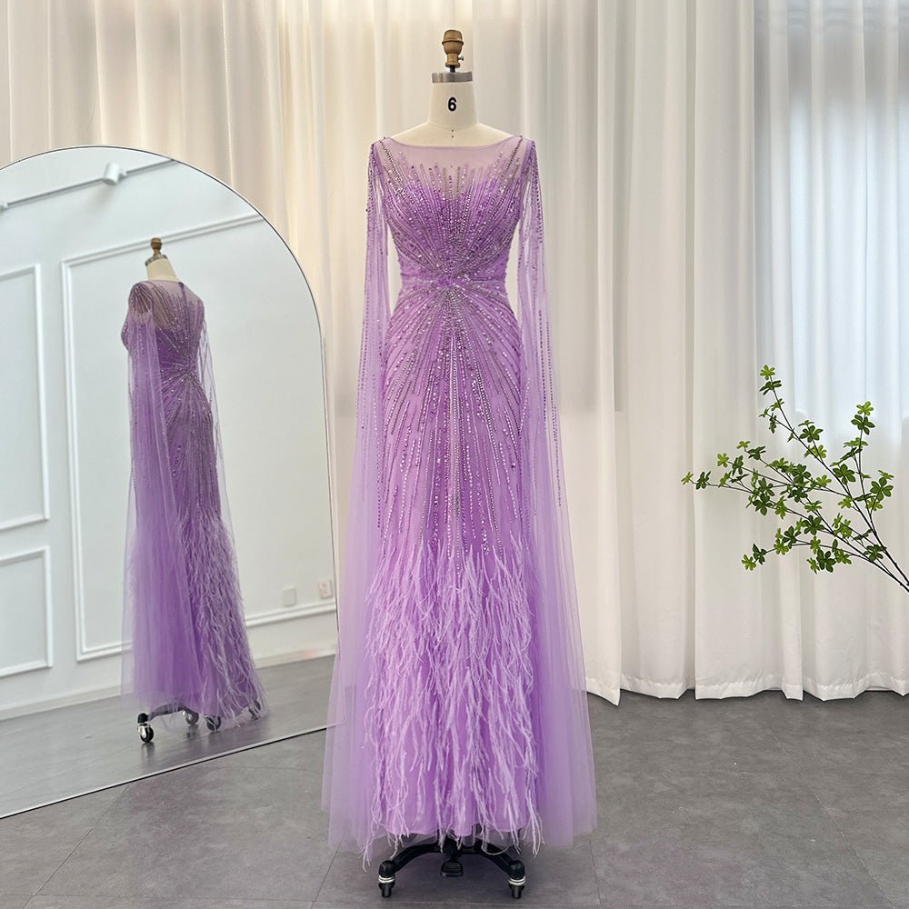 Luxury Lilac Feathers Evening Dresses with Cape Sleeves SS196