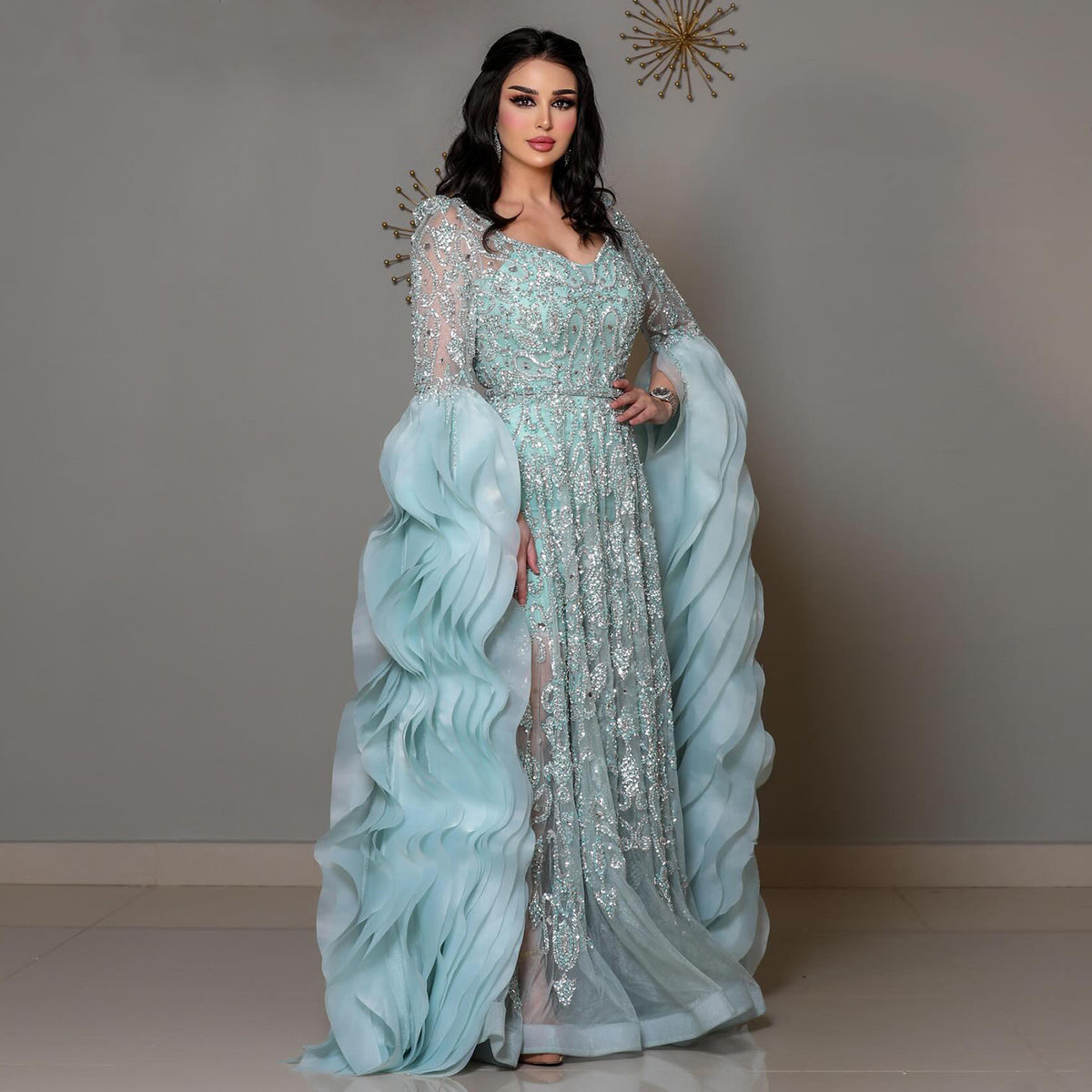 Luxury Aqua Evening Dress with Crystal Sequins and Ruffled Cape Plus Size SS410