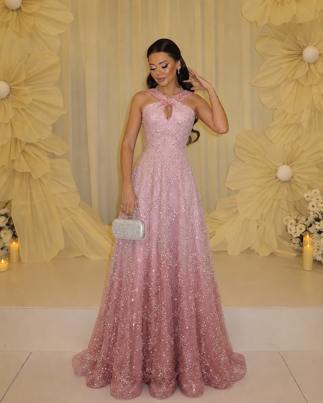 Glamorous Pink Ombre Beaded Sequin Halter Evening Dress SS709