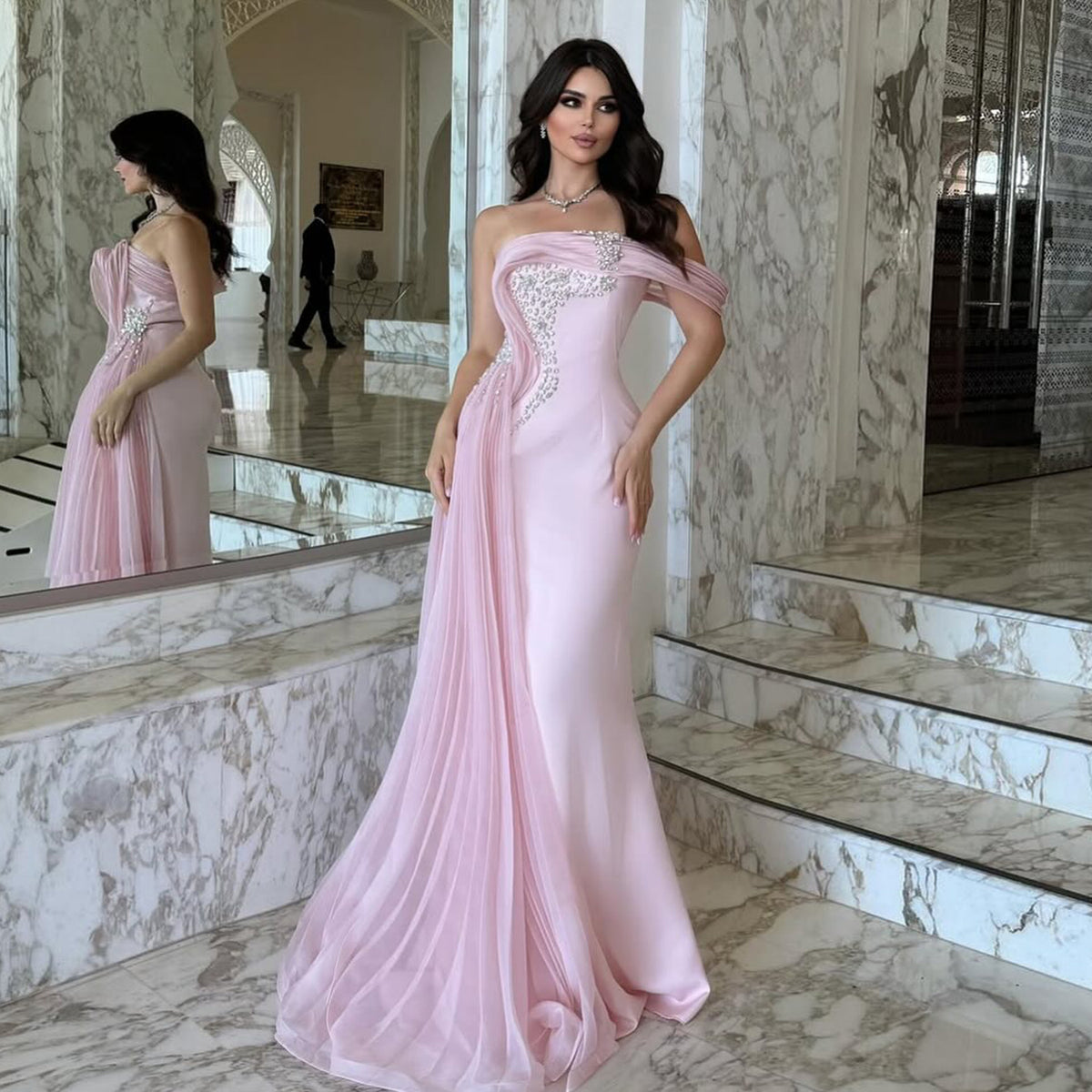 Luxury Light Pink Beaded Fitted Evening Dress with Overskirt SF501
