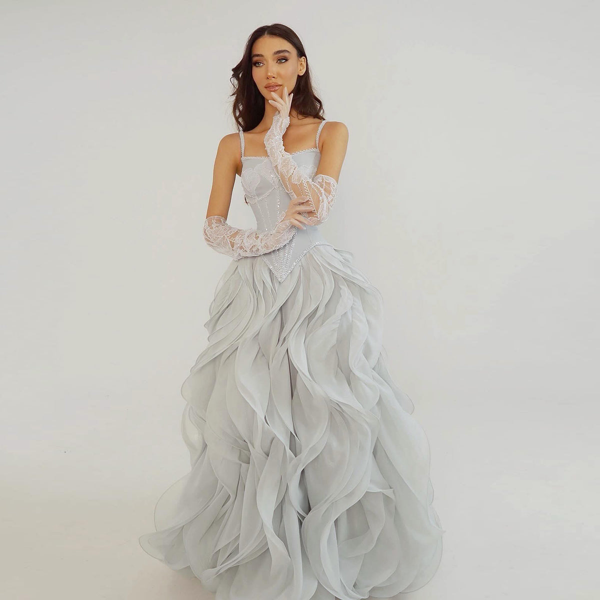 Elegant Spaghetti Strap Corset Ball Gown Evening Dress with Gloves SS672