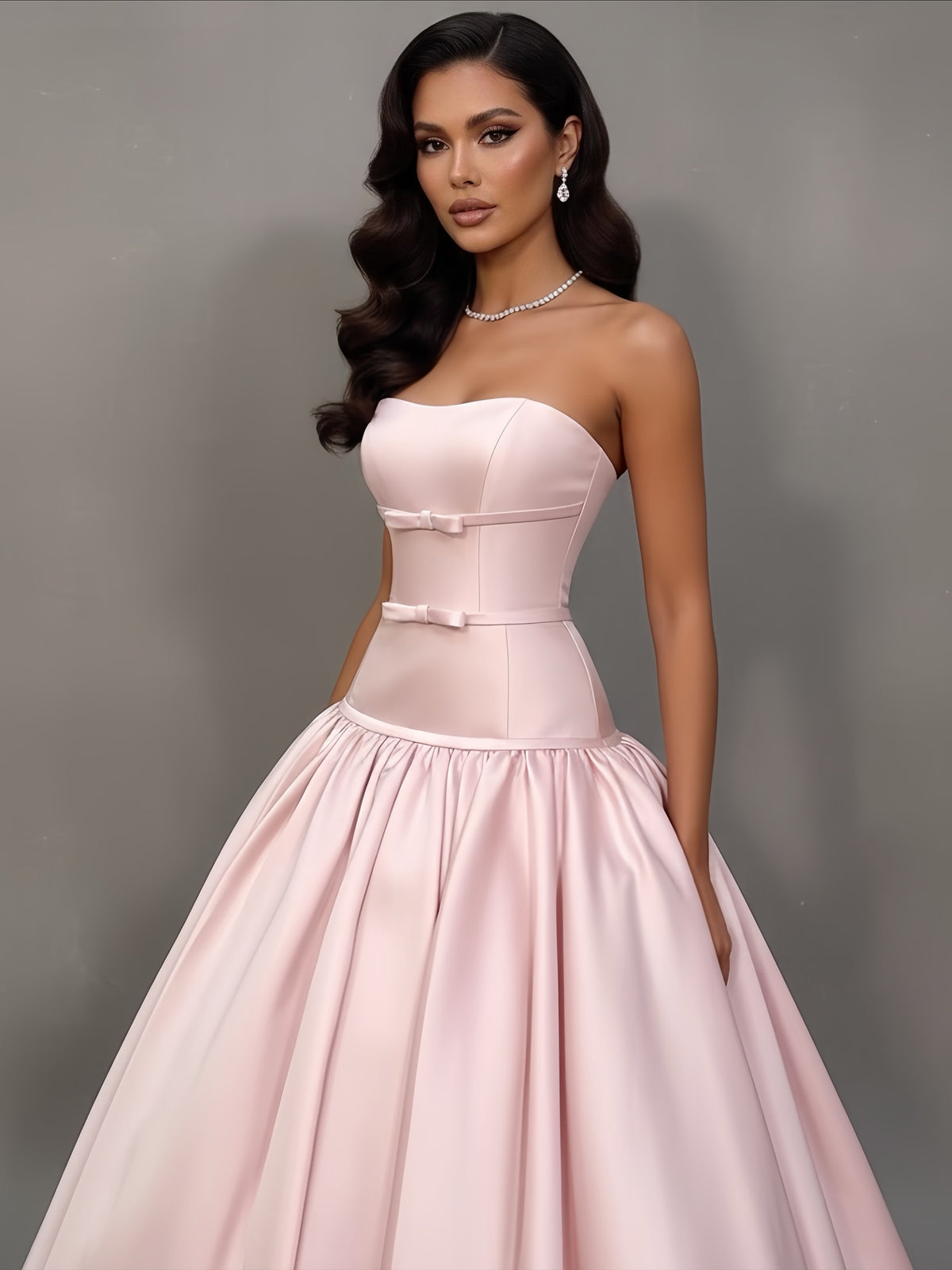 Luxury Pink Strapless Bow Satin Ball Gown Evening Dress SF022