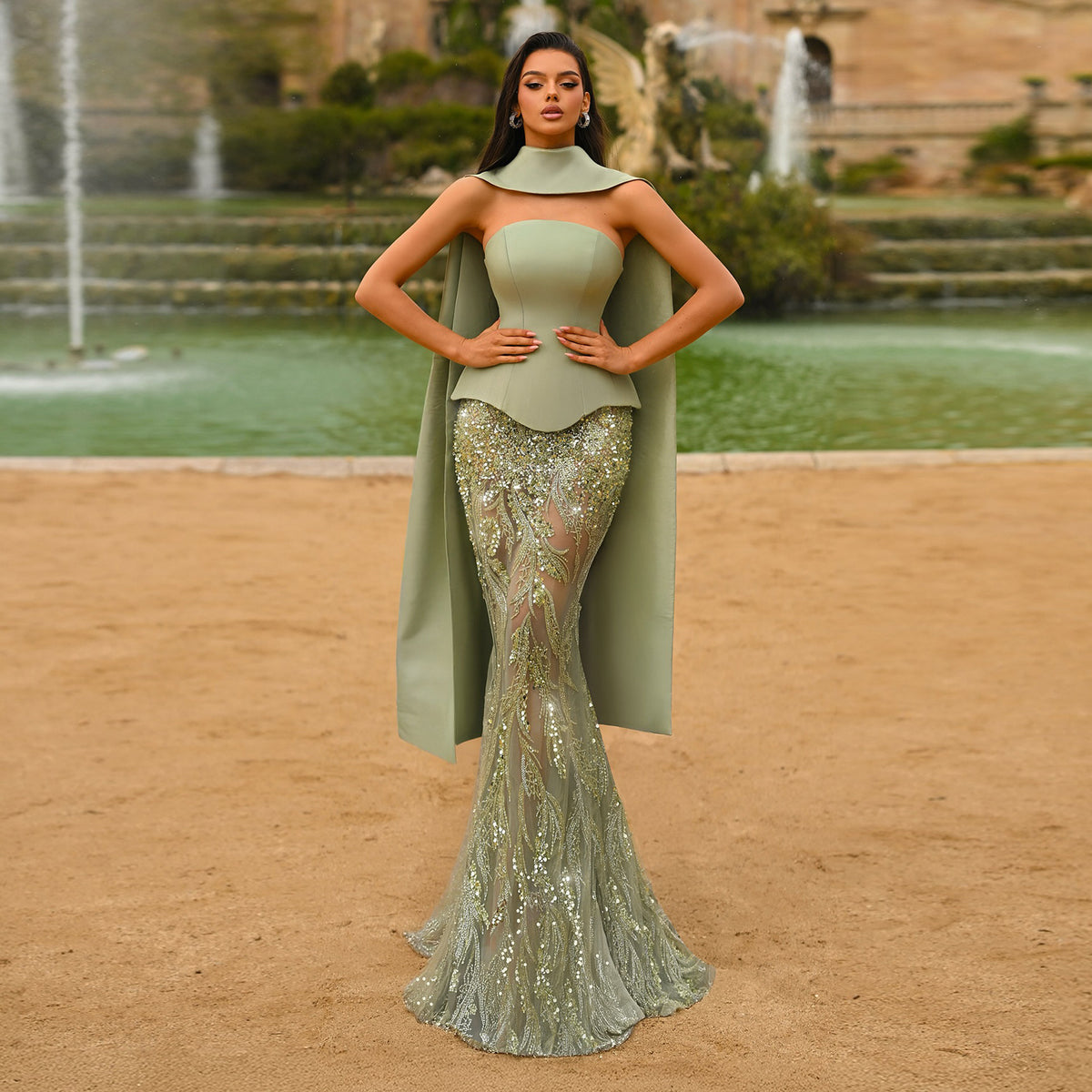 Luxury Sage Green 2 Pieces Beaded Evening Dress with Scarf Cap SS616