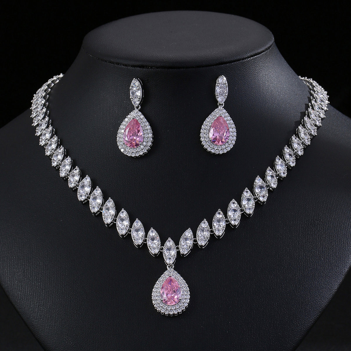 Elegant Teardrop Zircon Jewelry Set with Necklace and Earrings JW001