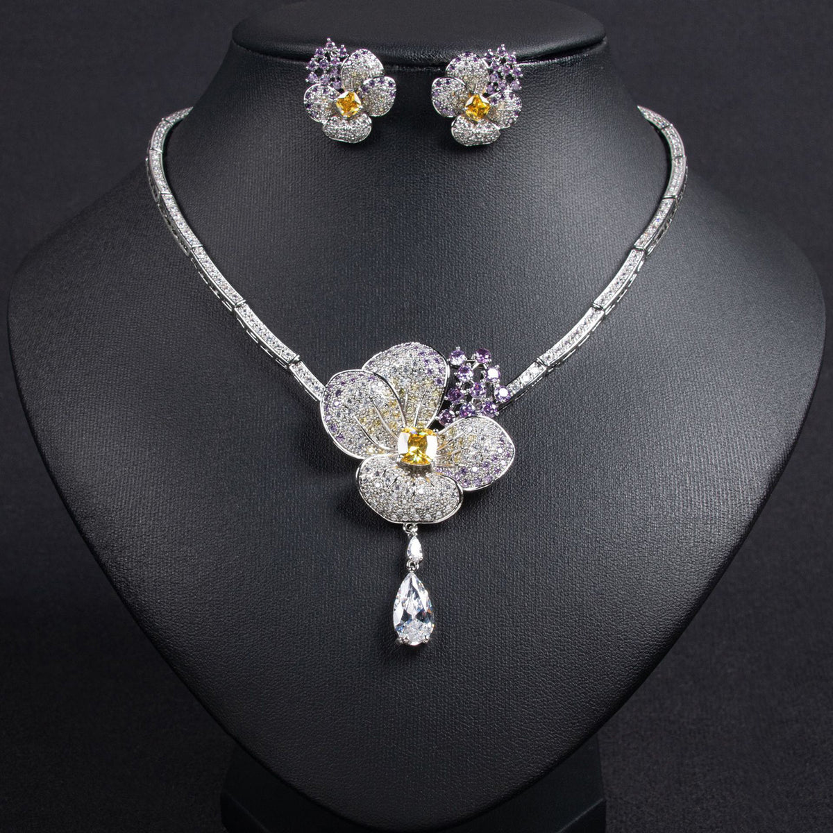Floral Zircon Jewelry Set with Necklace and Earrings JW011