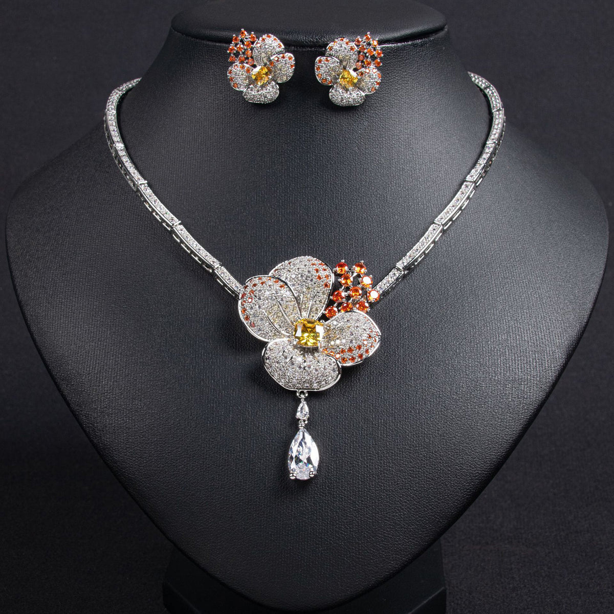 Floral Zircon Jewelry Set with Necklace and Earrings JW011