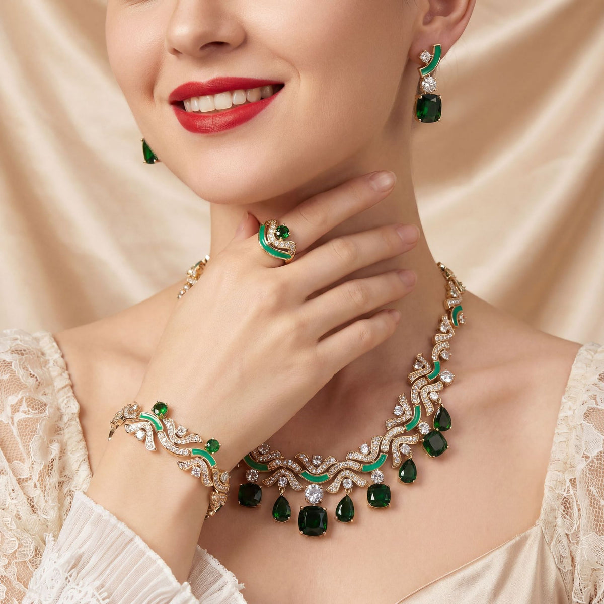 Cubic Zirconia Qil Painted Jewelry Set JW030