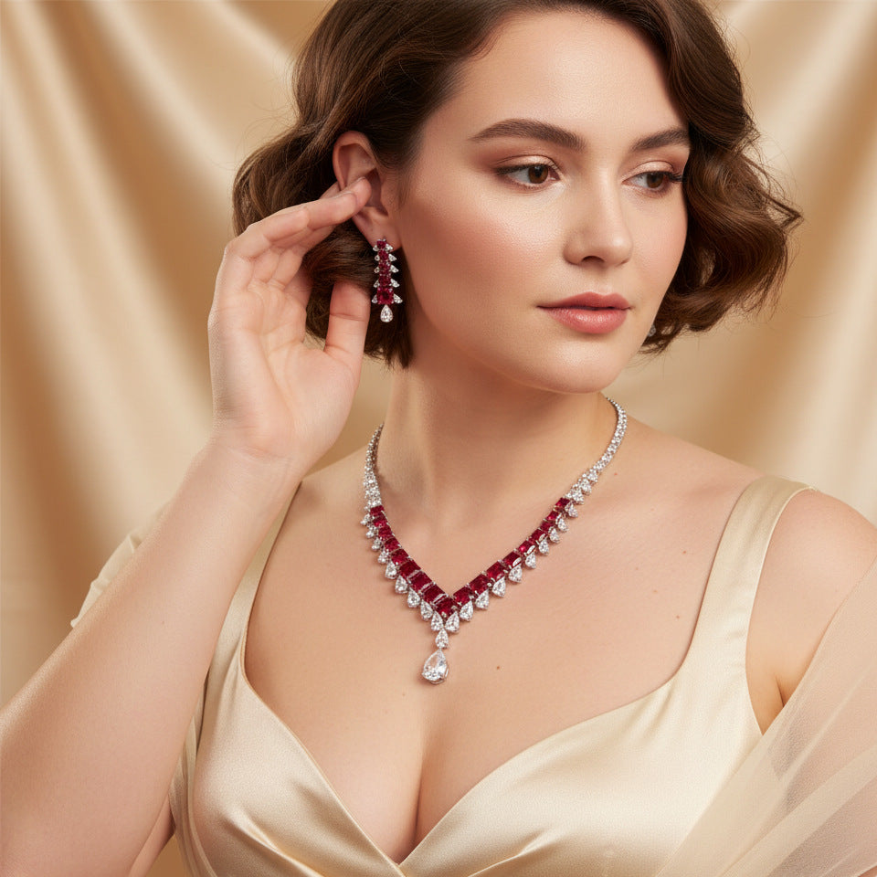 Square Cut Cubic Zirconia Necklace and Earring Set JW036