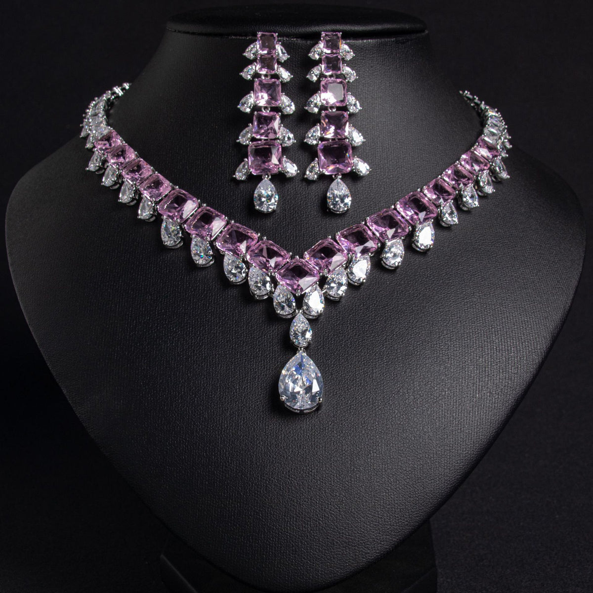Square Cut Cubic Zirconia Necklace and Earring Set JW036