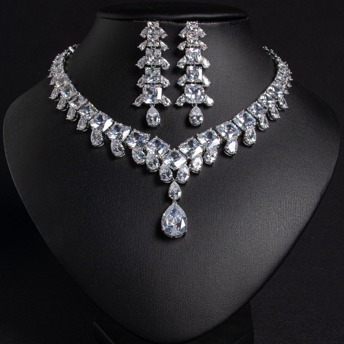 Square Cut Cubic Zirconia Necklace and Earring Set JW036