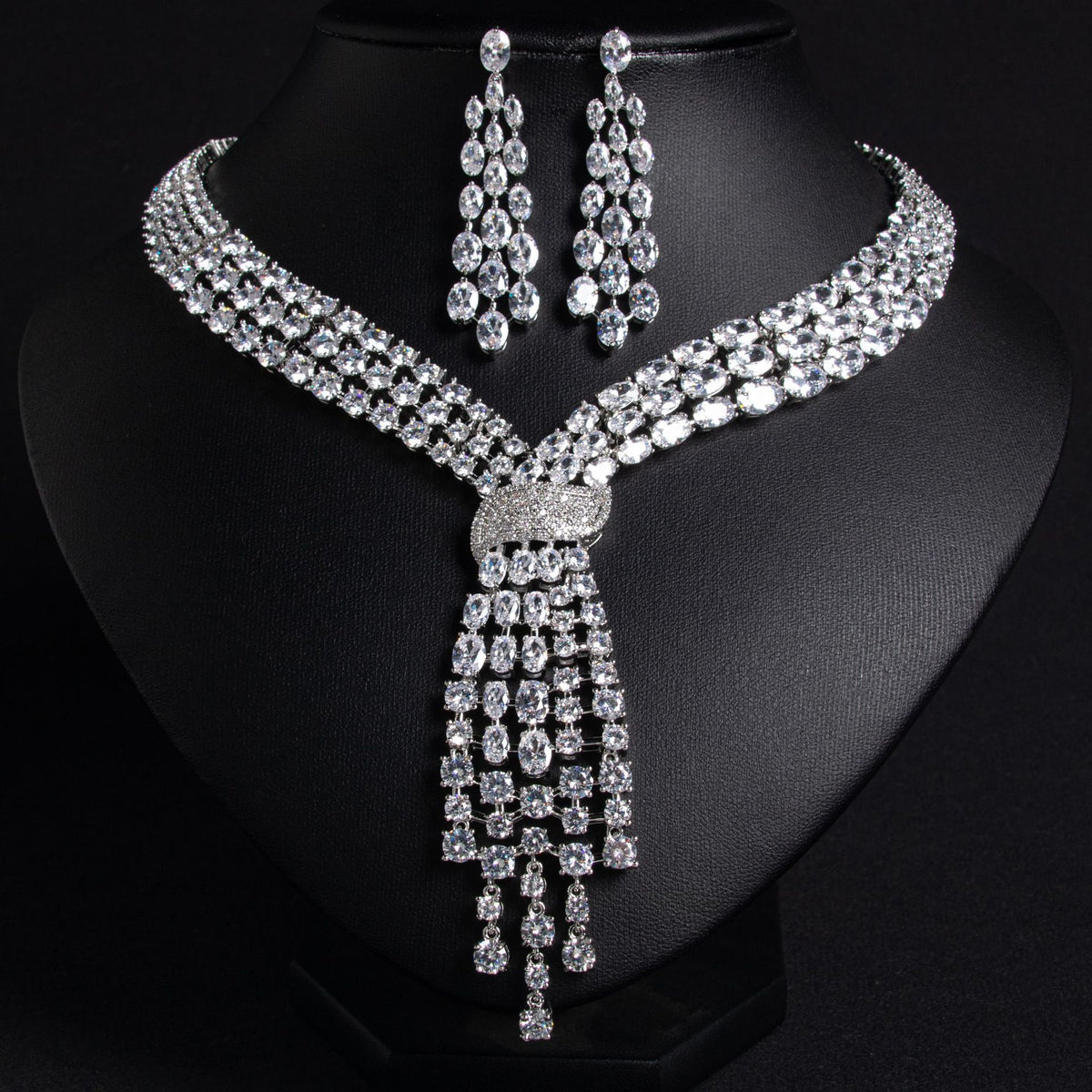 Tassel Cubic Zirconia Necklace and Earring Set JW038