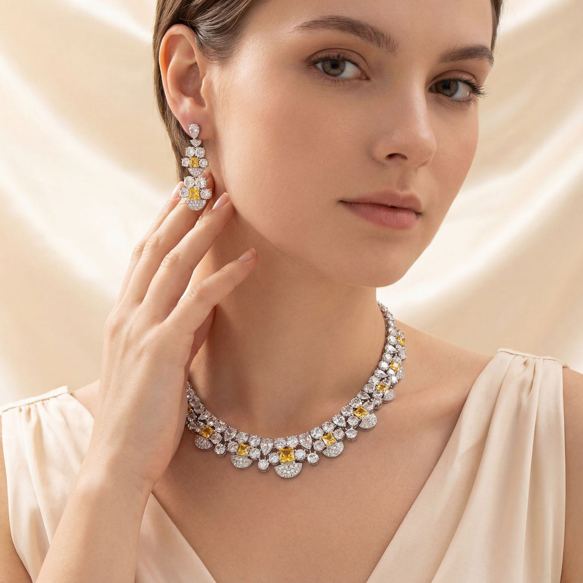 Square Cut Diamond Necklace and Earring Set JW044