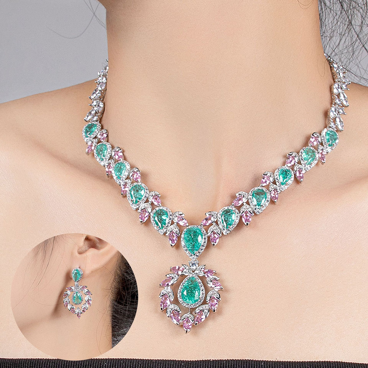 Cubic Zirconia Teardrop Necklace and Earring Set JW049