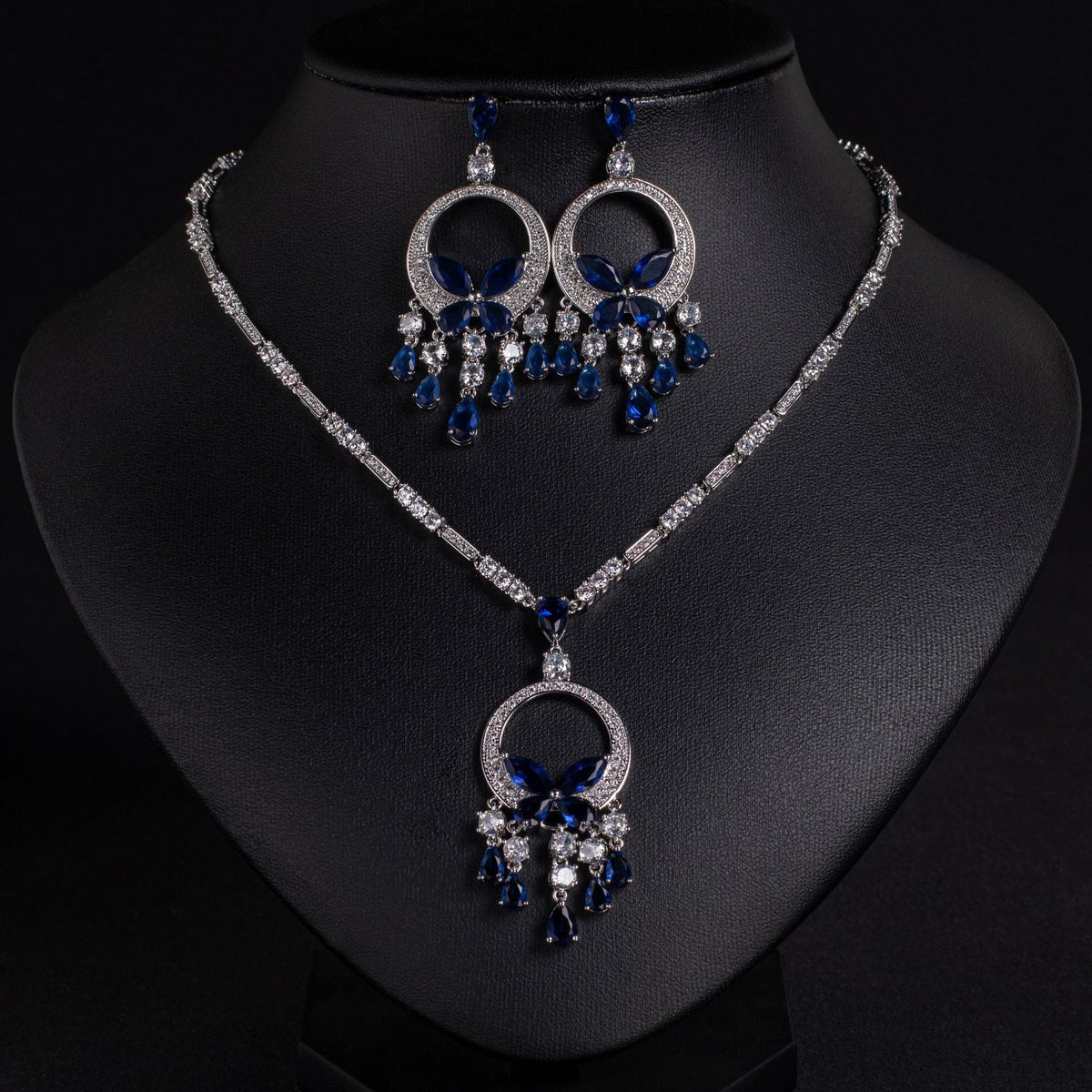 Elegant Cubic Zirconia Tassel Necklace and Earring Set JW050