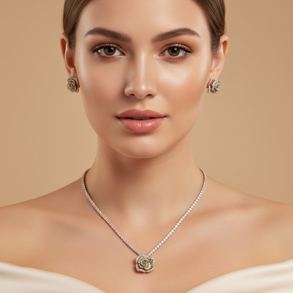 Rose Shaped Zircon Necklace and Earring Set JW051