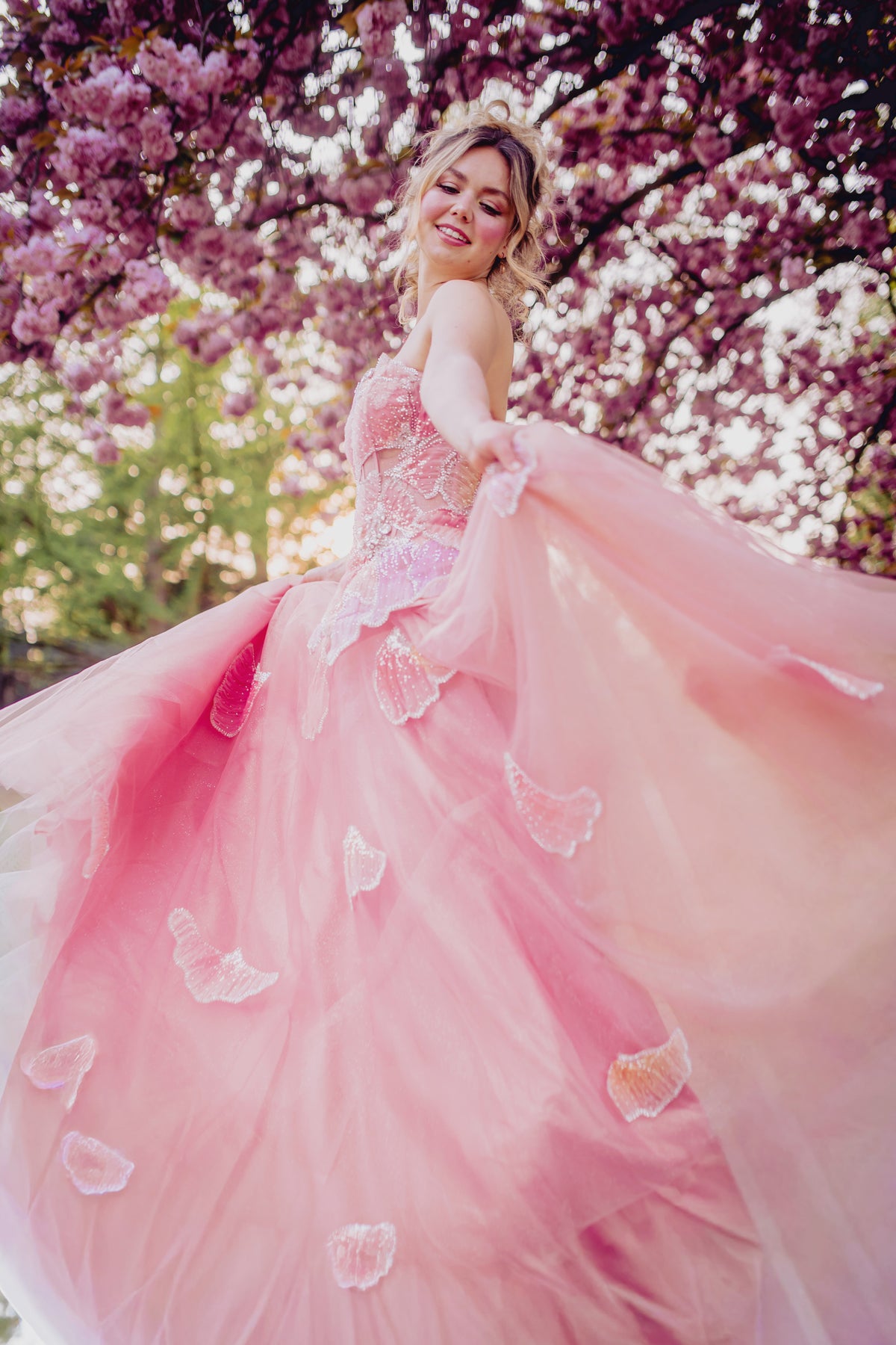 Elegant Pink 3D Floral Beaded Ball Gown Evening Dress SS749
