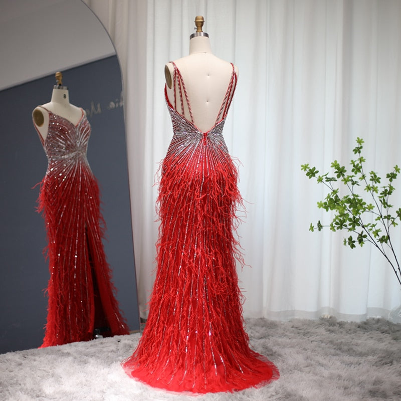 DreamyVow Luxury Beaded Mermaid Feathers Prom Dresses Sexy Spaghetti Straps Backless Rose Pink Evening Dress Arabic Formal Party Gown 004