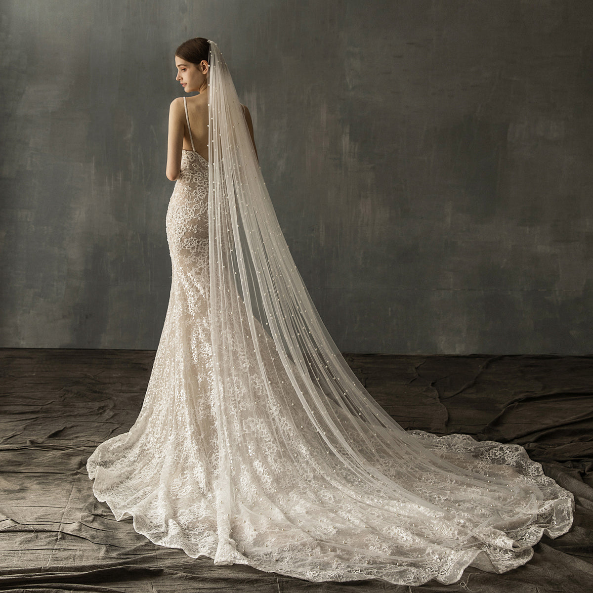 Pearl Cathedral Length Tulle Bridal Veil with Comb BV002
