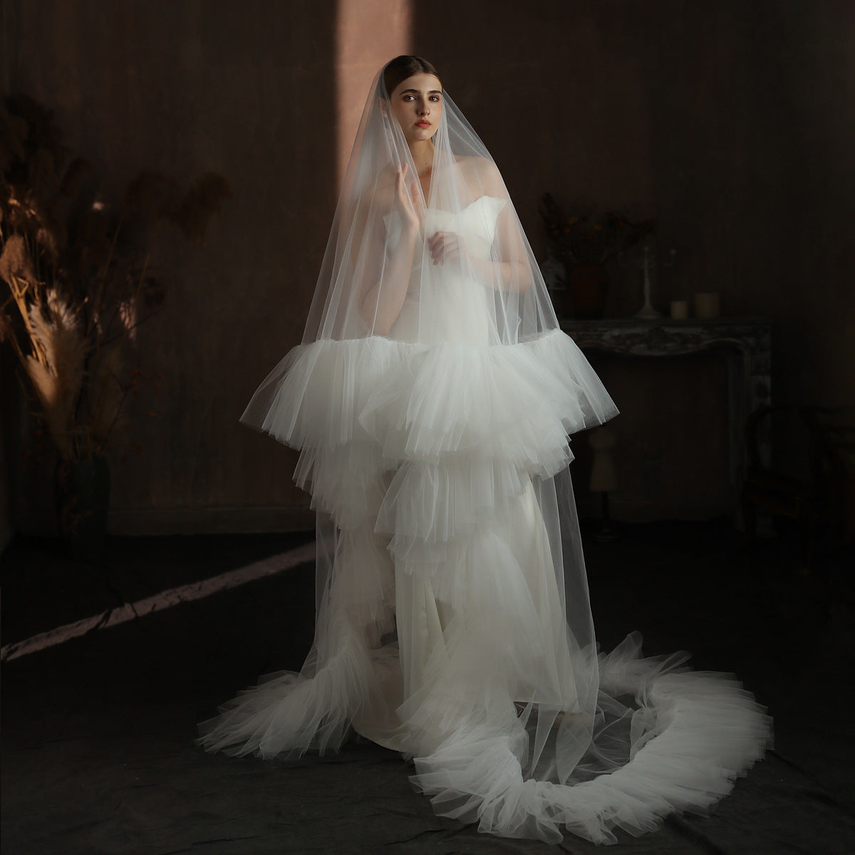 Double Layer Cathedral Length Ruffled Bridal Veil BV005