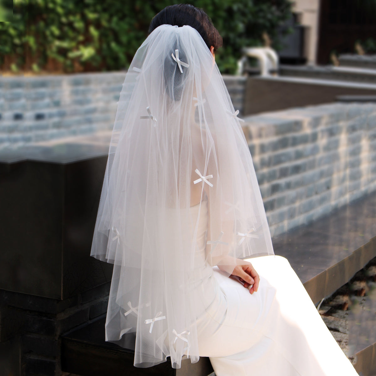Double Layer Tulle Bridal Veil with Hand Stitched Bow BV003
