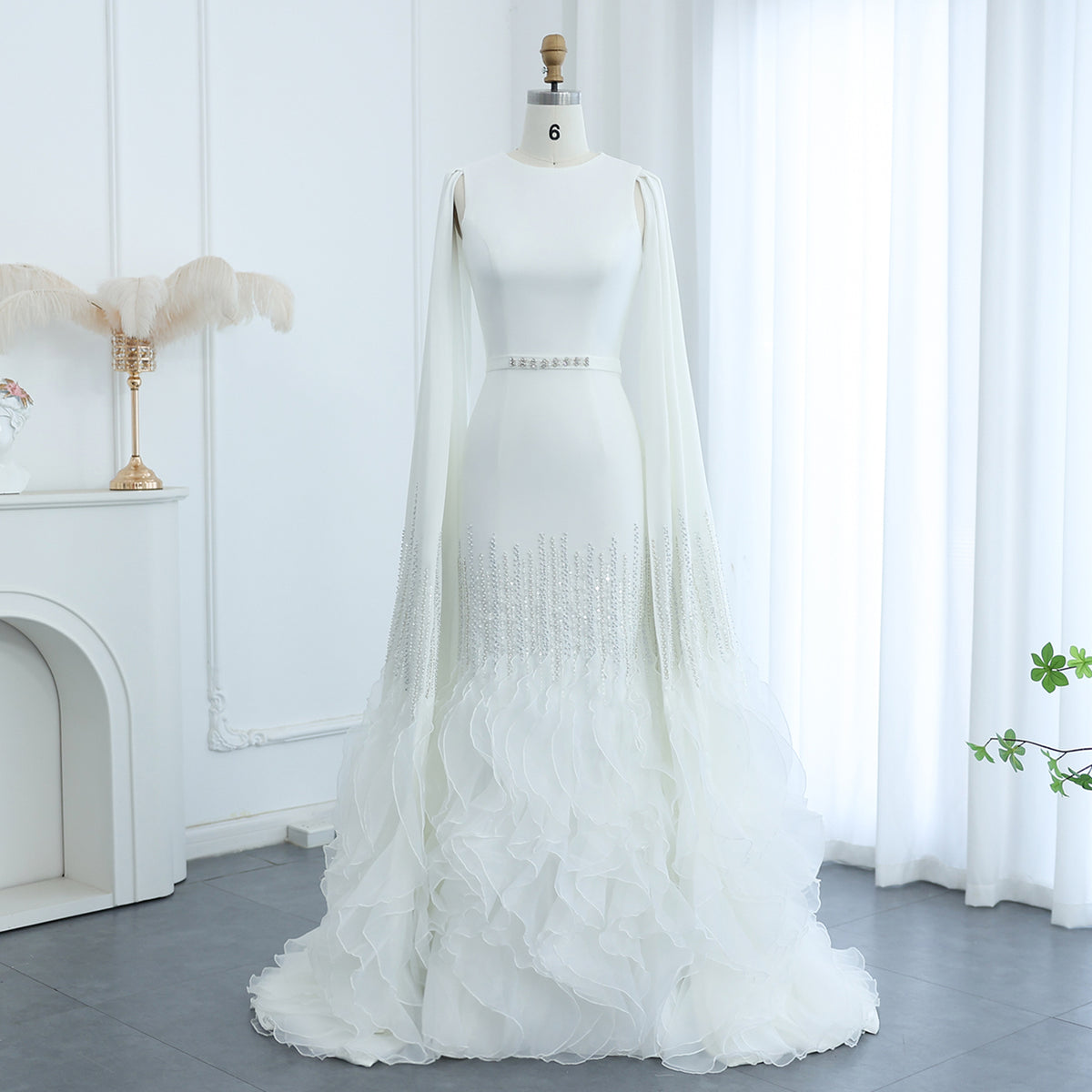Luxury Nude Tiered Ruffles Mermaid Evening Dress with Cape Sleeves SS440