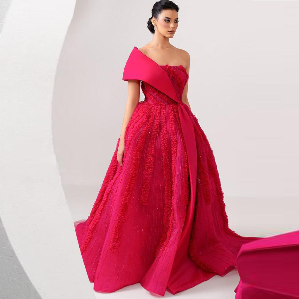 Luxury Beaded Fuchsia Ball Gown with Train Evening Dress XD042